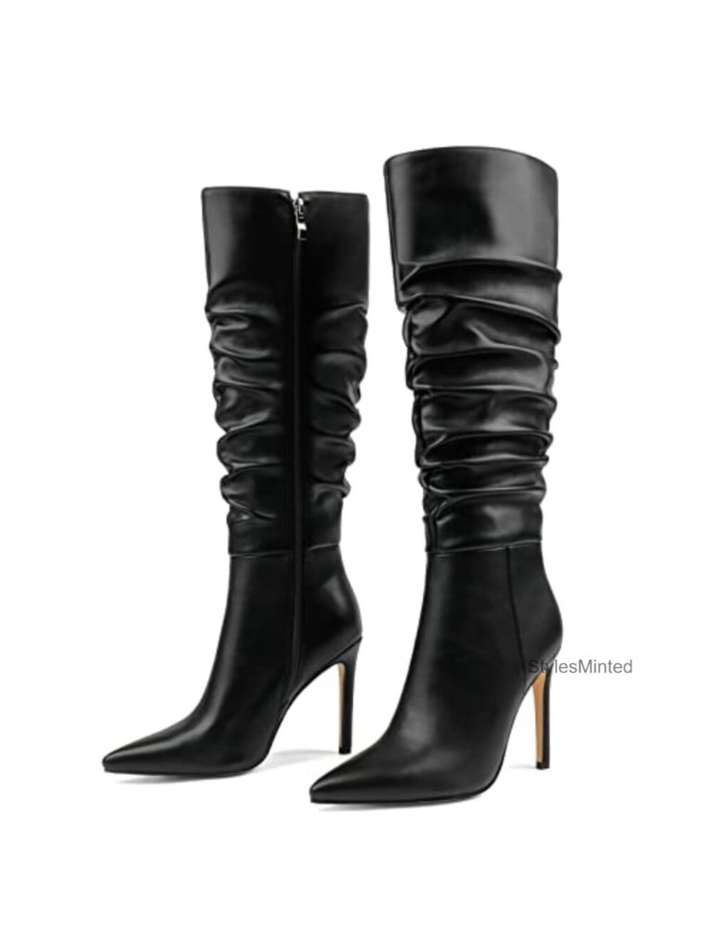Women's Knee High Boots Pointed Toe Stiletto Heel Slouch Buckle Faux Leather Zip